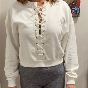 NWOT - New Look White lace up front sweater; dropped shoulders;    Size 6